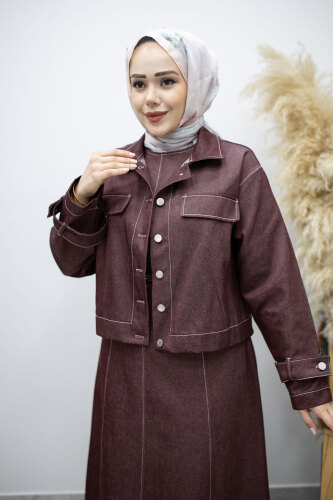 Kemerli Ceketli Denim Elbise TSD260164 Bordo - TESETTÜR DÜNYASI (1)