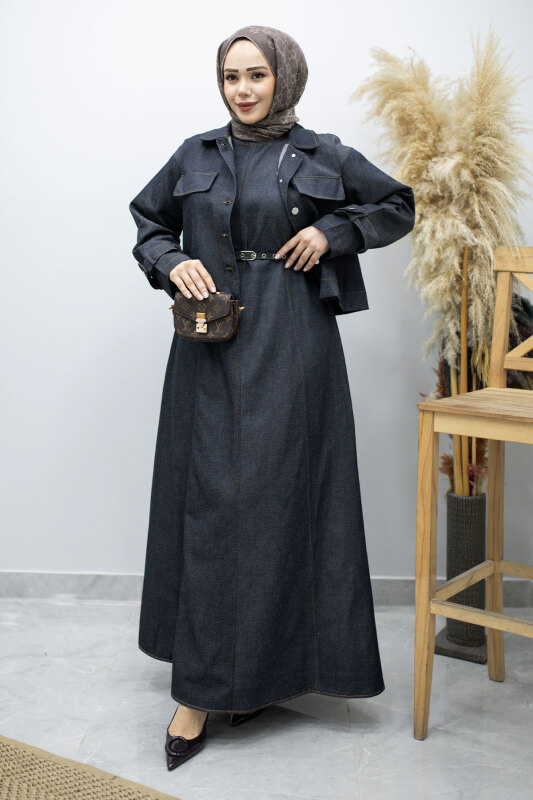 Kemerli Ceketli Denim Elbise TSD260164 Koyu Mavi - 1
