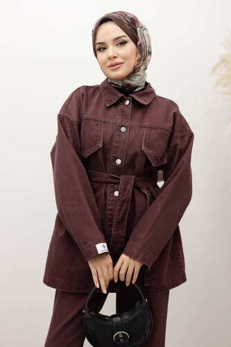 Kemerli Denim Takım TSD250231 Bordo - TESETTÜR DÜNYASI (1)