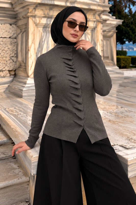 Kendinden Büzgülü Triko Hırka TSD260323 Füme - Tesettür Dünyası