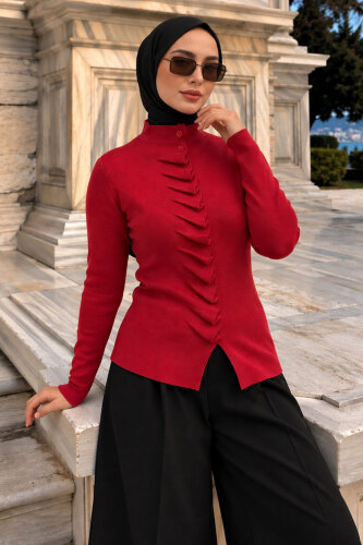 Kendinden Büzgülü Triko Hırka TSD260323 Kırmızı 