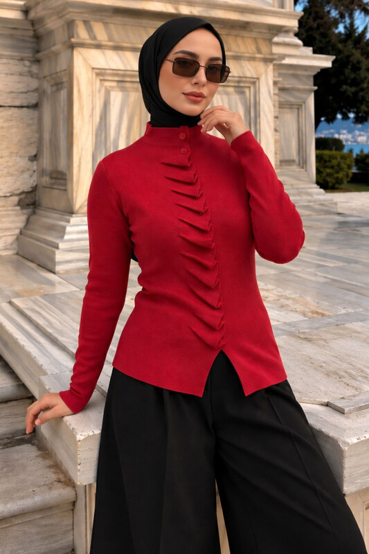 Kendinden Büzgülü Triko Hırka TSD260323 Kırmızı - Tesettür Dünyası