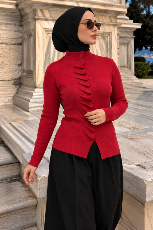 Kendinden Büzgülü Triko Hırka TSD260323 Kırmızı - 3