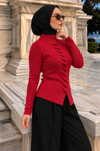 Kendinden Büzgülü Triko Hırka TSD260323 Kırmızı - 4