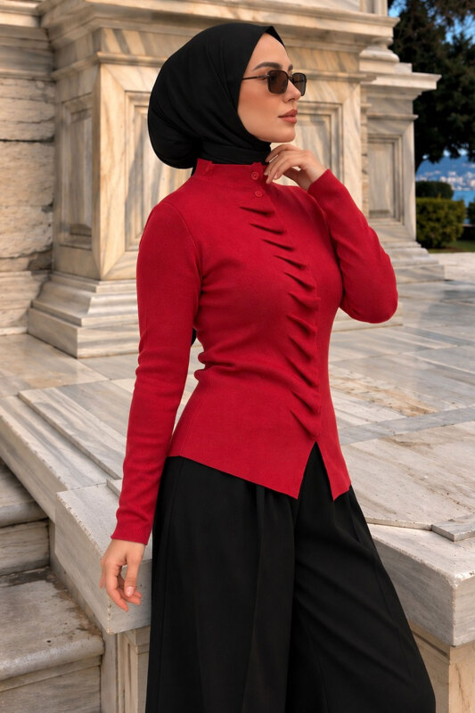 Kendinden Büzgülü Triko Hırka TSD260323 Kırmızı - 4