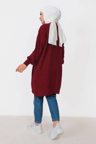 Kendinden Çizgili Triko Tunik TSD230907 Bordo - 5