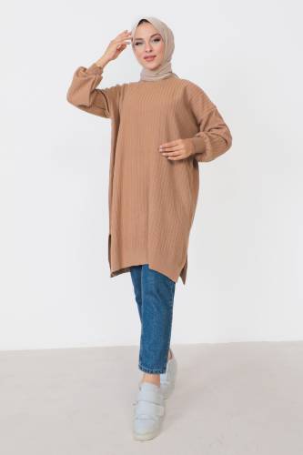 Kendinden Çizgili Triko Tunik TSD230907 Camel 