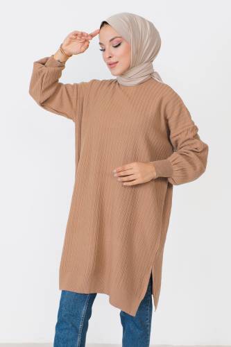 Kendinden Çizgili Triko Tunik TSD230907 Camel - Tesettür Dünyası (1)