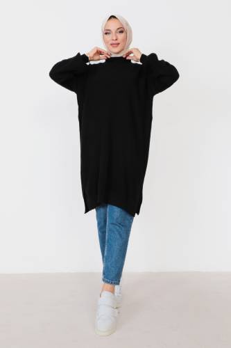 Kendinden Çizgili Triko Tunik TSD230907 Siyah 