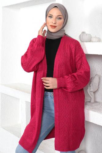 Kendinden Desenli Triko Hırka TSD230210 Fuşya 