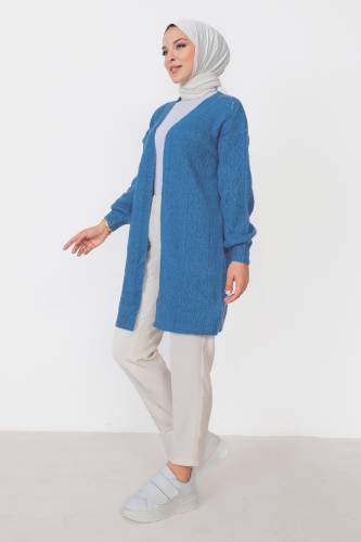 Kendinden Desenli Triko Hırka TSD230210 İndigo - 3
