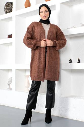 Kendinden Desenli Triko Hırka TSD230210 Kahverengi 