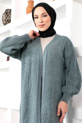 Kendinden Desenli Triko Hırka TSD230210 Yeşil - Tesettür Dünyası (1)