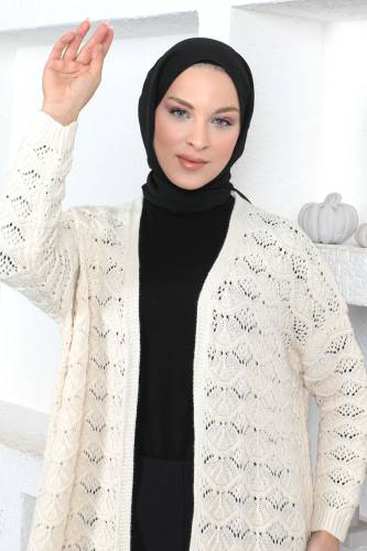 Kendinden Desenli Triko Hırka TSD230352 Bej - Tesettür Dünyası (1)
