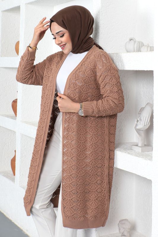 Kendinden Desenli Triko Hırka TSD230352 Camel - 1