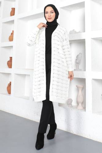 Kendinden Desenli Triko Hırka TSD230352 Ekru - Tesettür Dünyası (1)