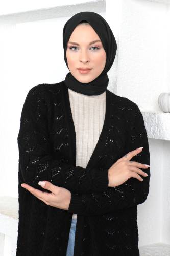 Kendinden Desenli Triko Hırka TSD230352 Siyah - Tesettür Dünyası (1)