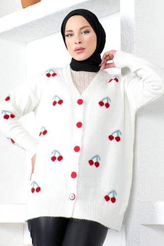 Kiraz Desenl Triko Hırka TSD230217 Beyaz 