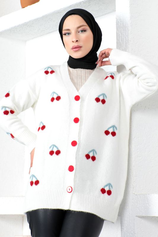 Kiraz Desenl Triko Hırka TSD230217 Beyaz - 1