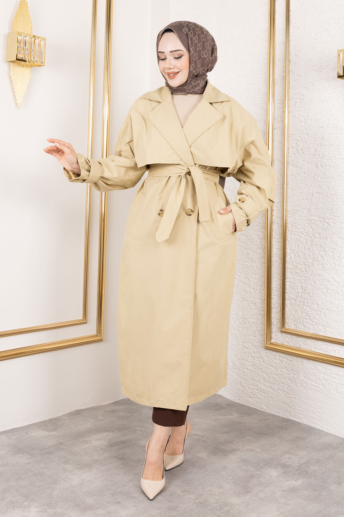 Ekstra Oversize Trençkot TSD250139 Bej