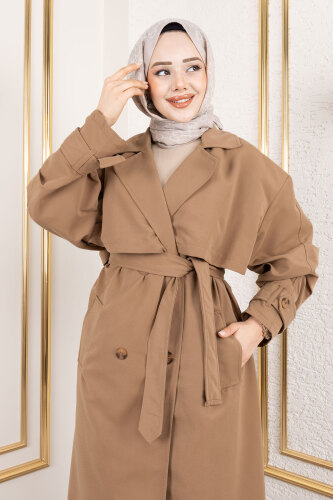 Ekstra Oversize Trençkot TSD250139 Taba - Tesettür Dünyası (1)
