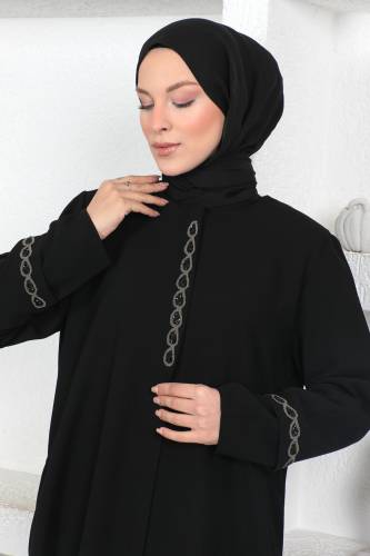 Kol Ucu Pul İşlemeli Tesettür Ferace TSD230373 Siyah - 4