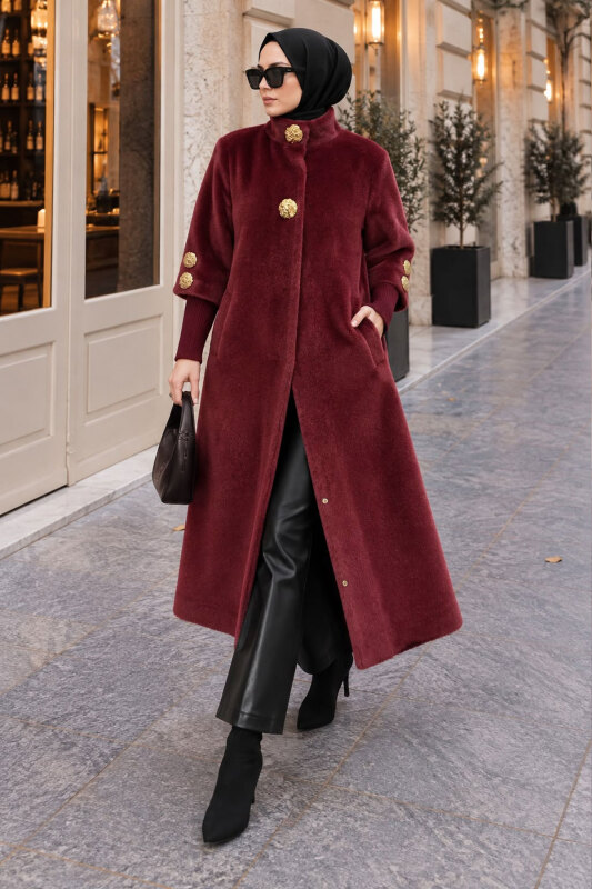Kol Ucu Triko Detaylı Angora Fox Kaban TSD250246 Bordo - Tesettür Dünyası