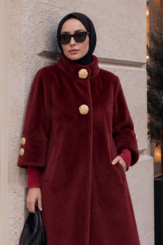 Kol Ucu Triko Detaylı Angora Fox Kaban TSD250246 Bordo - Tesettür Dünyası (1)