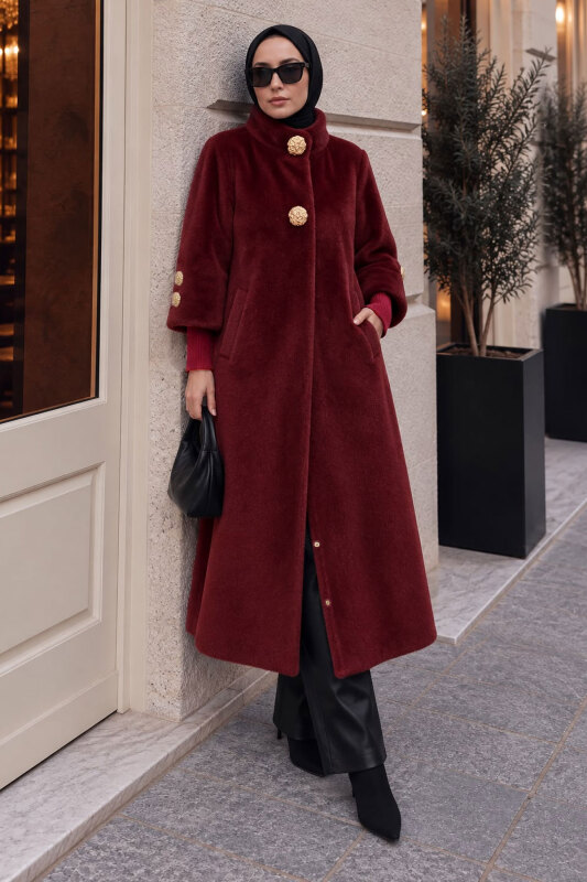 Kol Ucu Triko Detaylı Angora Fox Kaban TSD250246 Bordo - 3