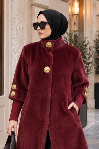 Kol Ucu Triko Detaylı Angora Fox Kaban TSD250246 Bordo - 4