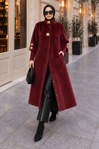 Kol Ucu Triko Detaylı Angora Fox Kaban TSD250246 Bordo - 5