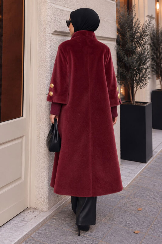 Kol Ucu Triko Detaylı Angora Fox Kaban TSD250246 Bordo - 6