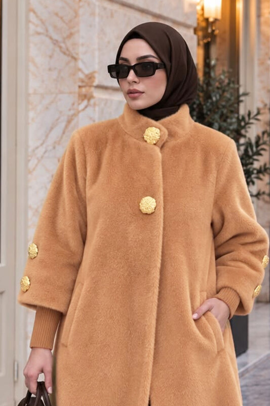 Kol Ucu Triko Detaylı Angora Fox Kaban TSD250246 Camel - Tesettür Dünyası (1)