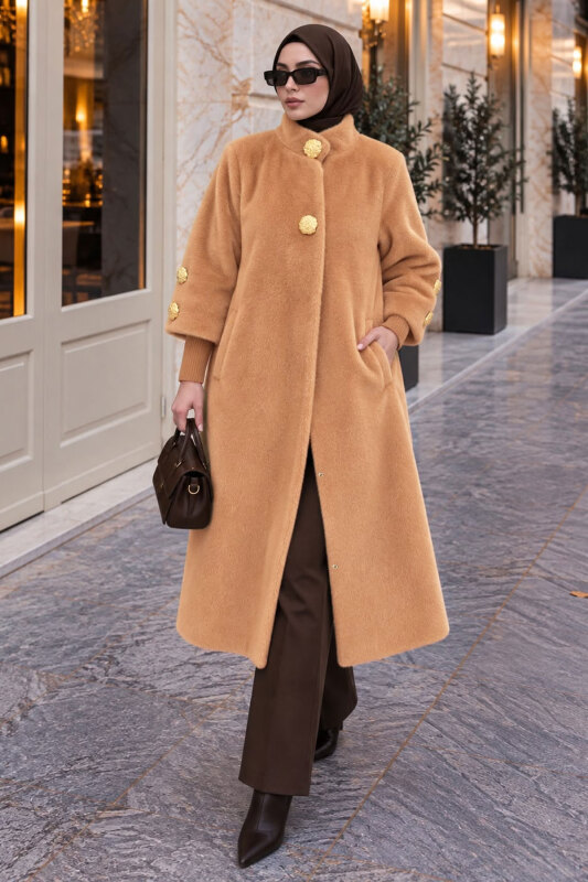 Kol Ucu Triko Detaylı Angora Fox Kaban TSD250246 Camel - 3