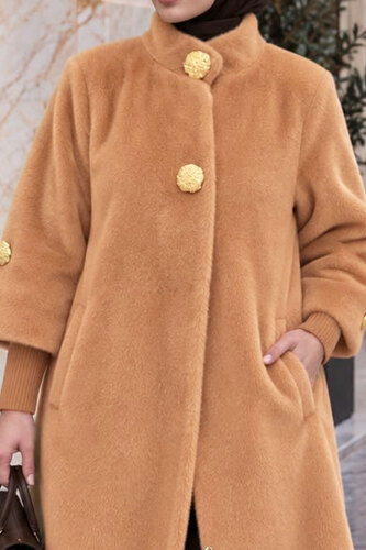 Kol Ucu Triko Detaylı Angora Fox Kaban TSD250246 Camel - 4