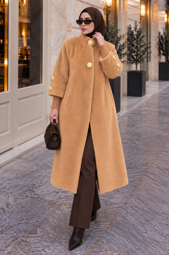 Kol Ucu Triko Detaylı Angora Fox Kaban TSD250246 Camel - 5