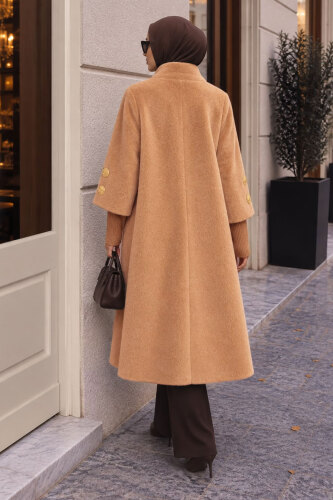 Kol Ucu Triko Detaylı Angora Fox Kaban TSD250246 Camel - 6