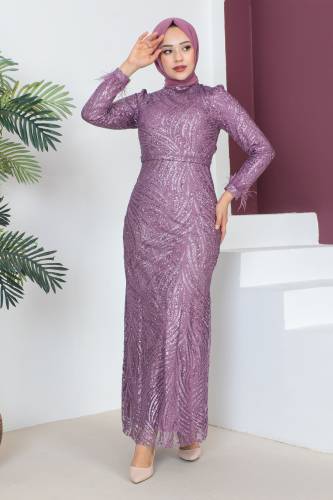 Kol Ucu Tüy Detaylı Abiye TSD230608 Lila - 4