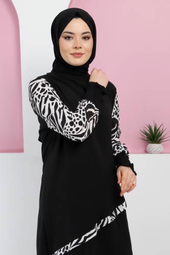 Kolları Desenli Takım TSD220327 Siyah - Tesettür Dünyası (1)