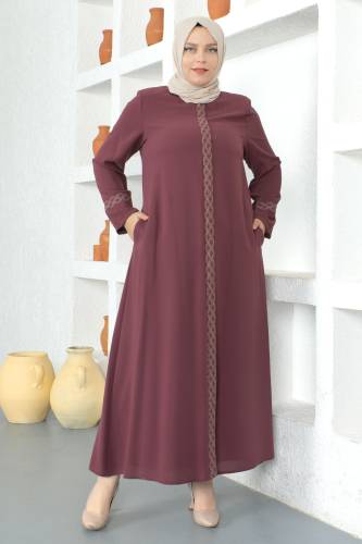 Kolları Desenli Tesettür Ferace TSD230327 Gül Kurusu - 3