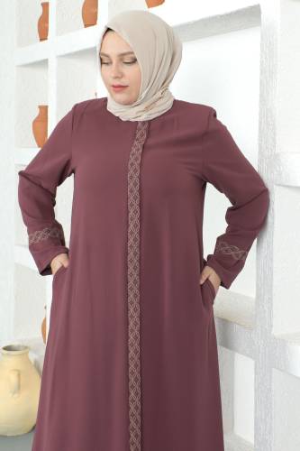 Kolları Desenli Tesettür Ferace TSD230327 Gül Kurusu - 2