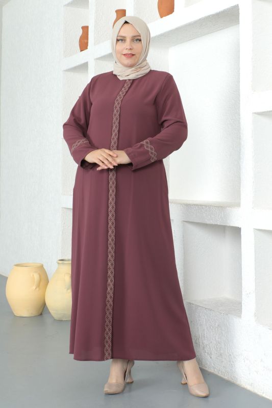 Kolları Desenli Tesettür Ferace TSD230327 Gül Kurusu - 1