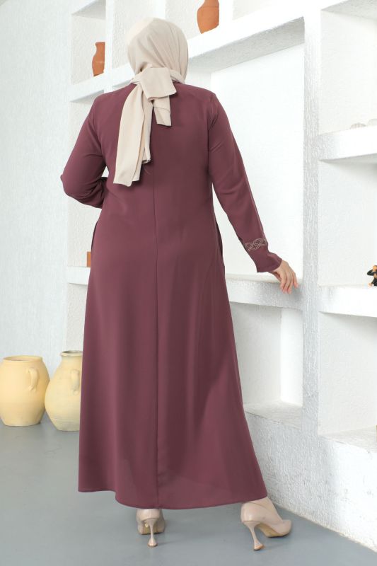 Kolları Desenli Tesettür Ferace TSD230327 Gül Kurusu - 5