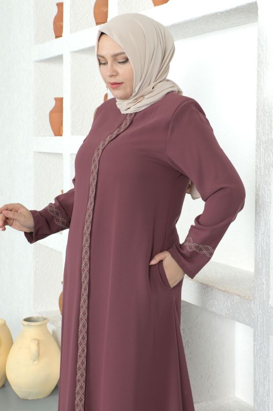 Kolları Desenli Tesettür Ferace TSD230327 Gül Kurusu - 4