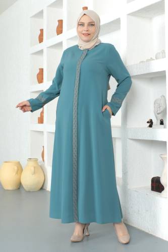 Kolları Desenli Tesettür Ferace TSD230327 Mint Yeşili 