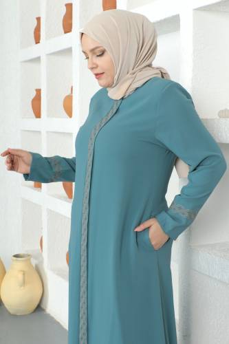Kolları Desenli Tesettür Ferace TSD230327 Mint Yeşili - Tesettür Dünyası (1)