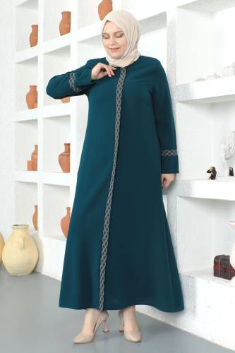 Kolları Desenli Tesettür Ferace TSD230327 Zümrüt Yeşili - 3