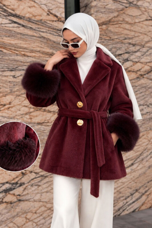 Kolları Kürklü Fox Kaban TSD260352 Bordo - 2
