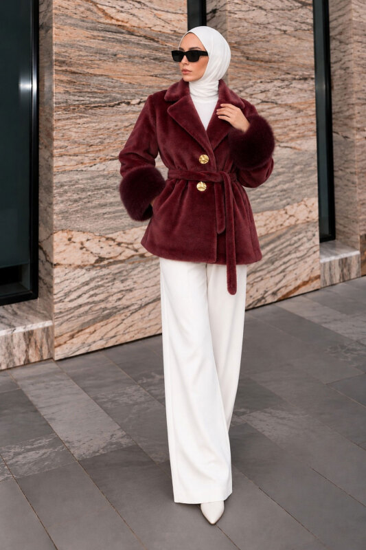 Kolları Kürklü Fox Kaban TSD260352 Bordo - 1