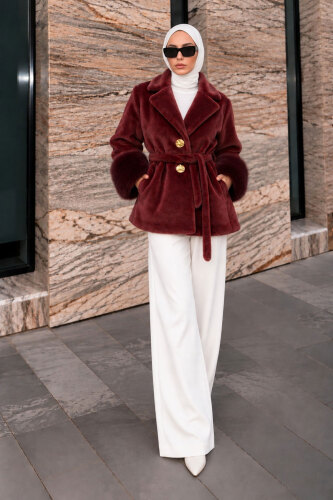 Kolları Kürklü Fox Kaban TSD260352 Bordo - 4